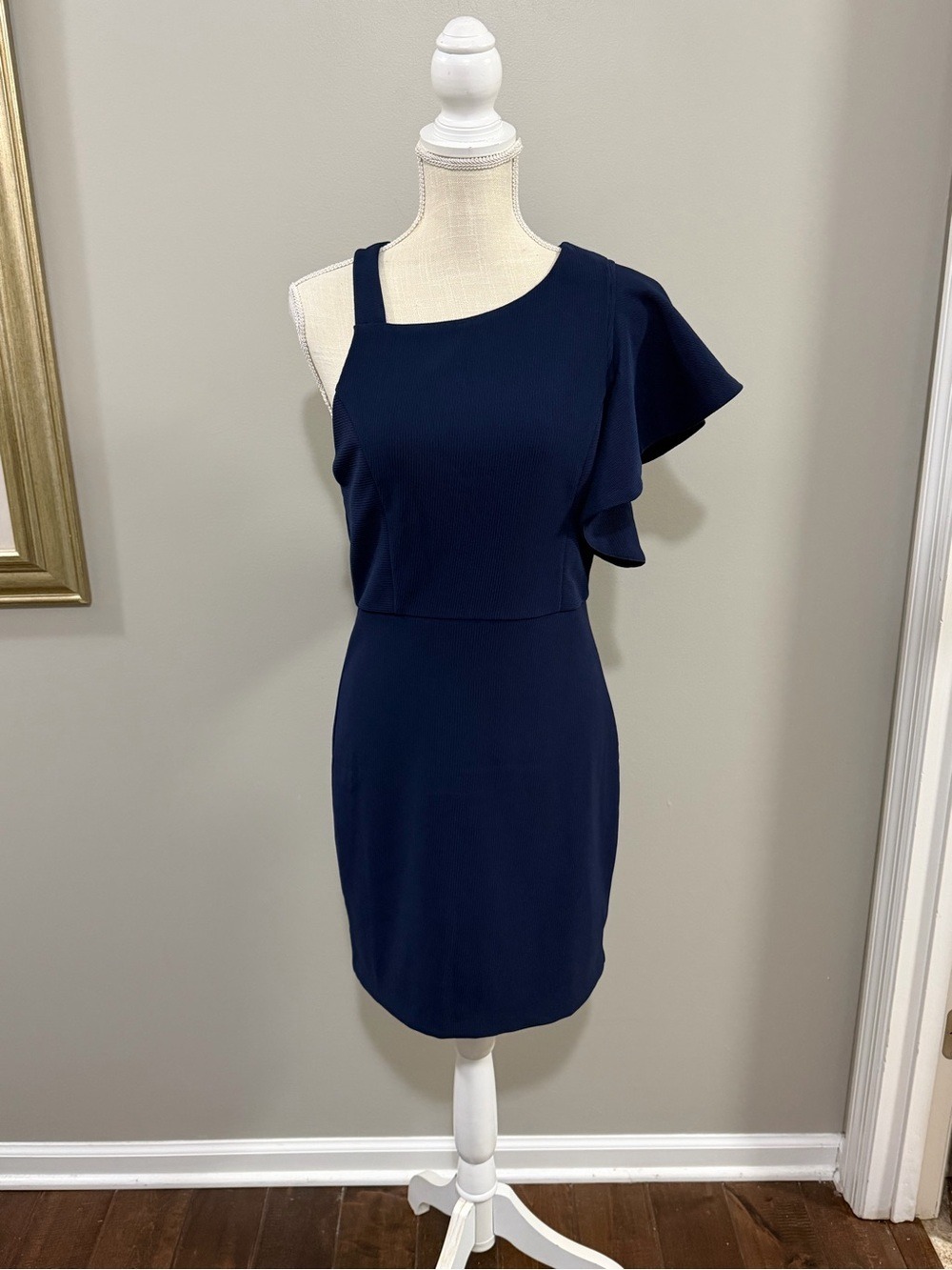 Blush Navy One-Shoulder Ruffle Sheath Dress